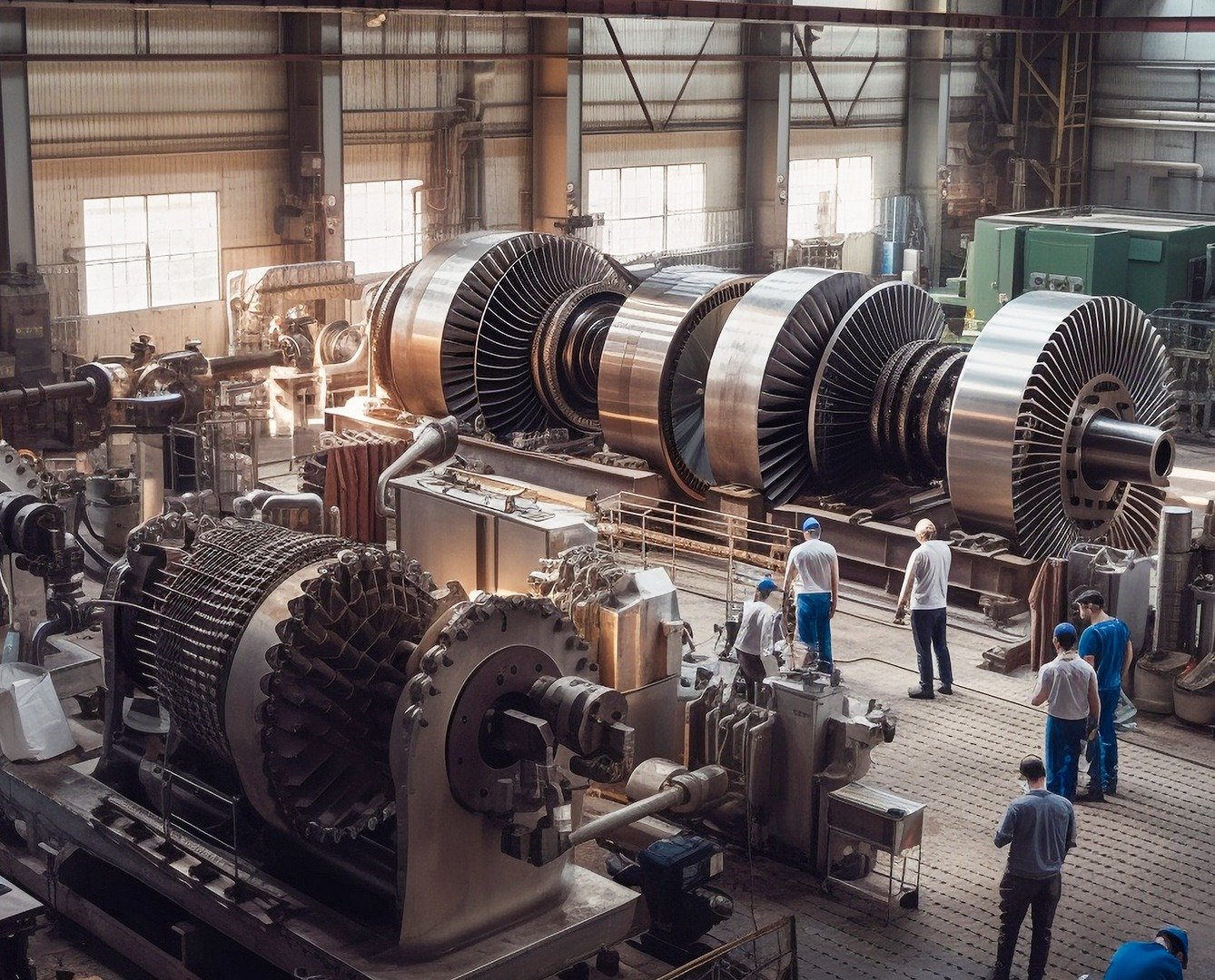 Engineers inspecting large turbine equipment